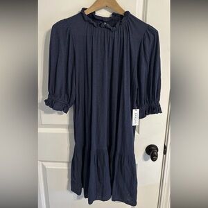 Boutique Dress Drop Waist Midi Navy Blue Cotton Gauze w/Pockets Velvet XS NWT